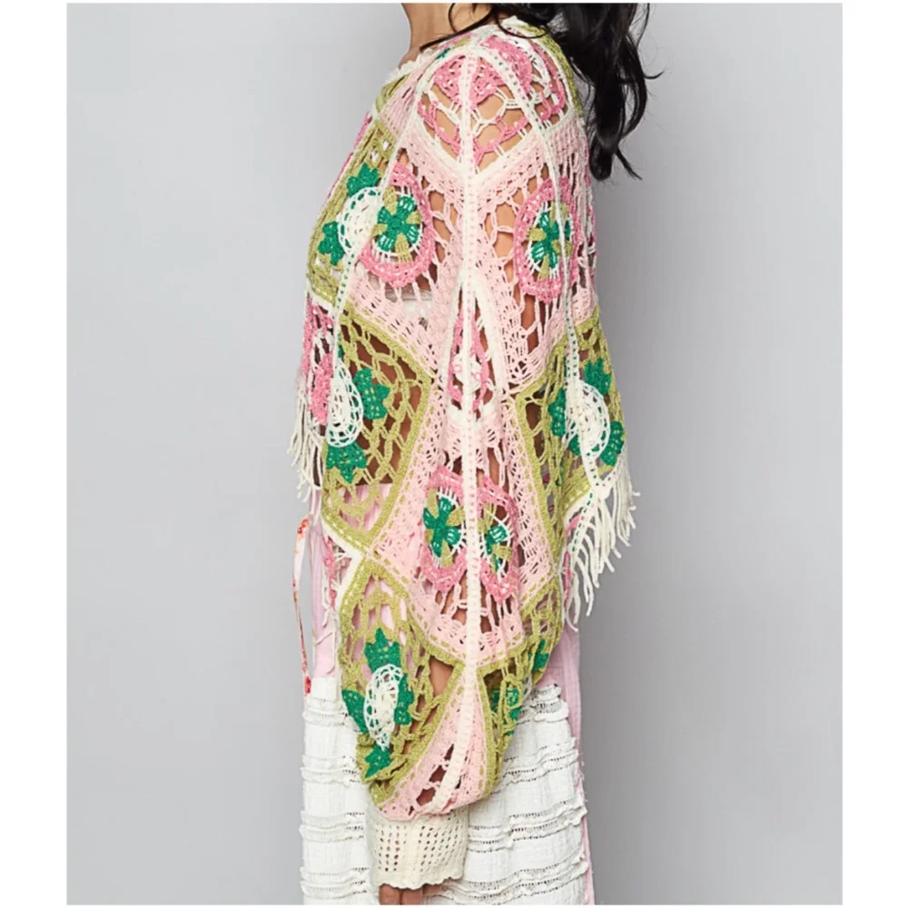 POL Multicolor Granny Square Fringe Hem Open Bottom Sweater Top - Picture 5 of 5